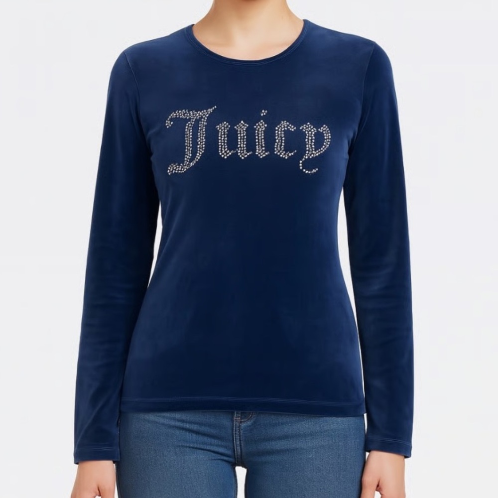 Juicy Couture Blue Velour Rhinestone Bling Sweater Size M/L